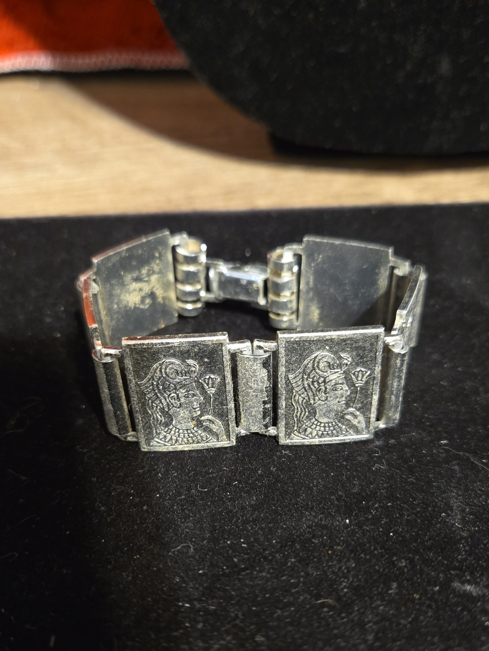 Vintage 1950s Egyptian Revival Aluminum Panel Bracelet 7"